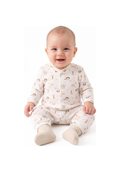 By Bebekodam Erkek Bebek Ekru Dino Baskılı Çıtçıtlı Manşetli Tulum