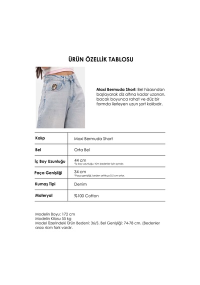 it's basic Kadın Ice 12s6-89 Baggy Fit Maxi Denim Tasarım Bermuda Şort Ice Rengi