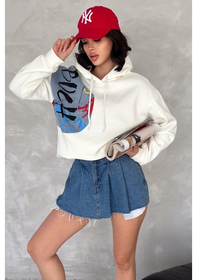 Femelle Kadın Beyaz Kot Detaylı İçi Pamuklu Kapüşonlu Sweatshirt