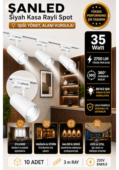 Led Beyaz Kasa Gün Işığı 35w Raylı Spot / 10 Adet 3 Metre Ray Beyaz Işık