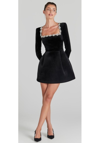 Hanife Glam Couture Hanife Glam Kare Yaka Taşlı Mini Kadife Elbise Siyah