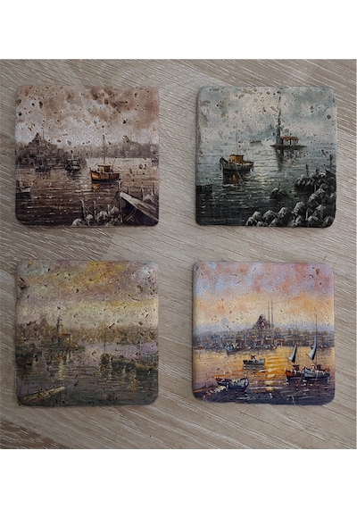 İstanbul Manzaraları Doğal Taş Bardak Altlığı 4'lü Set - Natural Stone Coasters-174275 Çok Renkli
