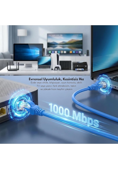 Cat6 Ethernet Kablosu 20 Metre - 1000 Mbps E Kadar Veri Aktarımı - Fabrikasyon Rj45 Konnektörlü - Mavi