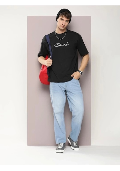 Yake Store Erkek Baskılı Oversize T-shirt - Siyah - Siyah
