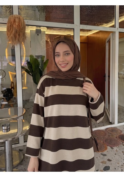 Trend Paris Çizgili Yanı Yırtmaçlı Rahat Kalıp Tunik Bluz Kahverengi 40