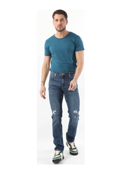 Erkek Dizi Yırtık Jean Pantolon Mavi 001
