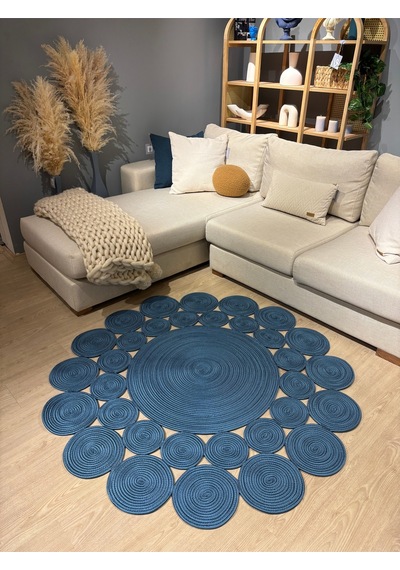 Mavaux Papatya Hasır Jüt Çiçek Desenli Kilim Halı Mavi