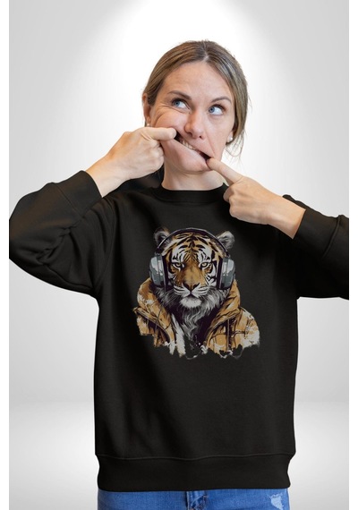 Müzik Dinleyen Kaplan İnsan Mont Unisex Siyah Baskılı Sweatshirt Siyah