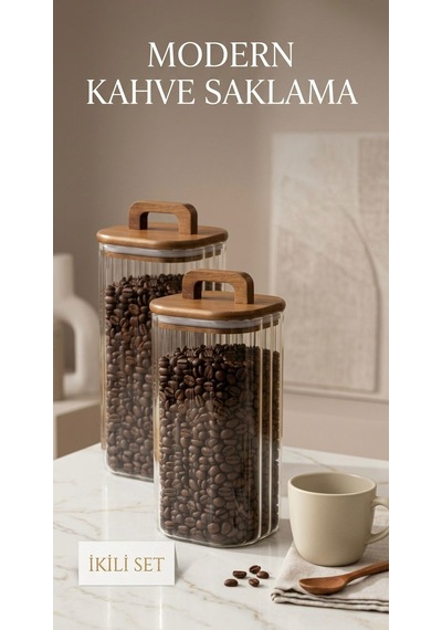 2'li Akasya Kapaklı Cam Kavanoz 1100 Ml 2'li Orta Boy Kahve, Bakliyat & Kuruyemiş Saklama Kabı Ahşap - Şeffaf