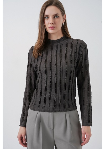 Hiccup Bdart Dokulu Slim Fit Dik Yaka Bluz Kömür Grisi