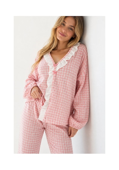 Bella Notte Pembe Beyaz Pötikare Fisto Fırfır Detaylı Uzun Kollu Pijama Takımı Pembe