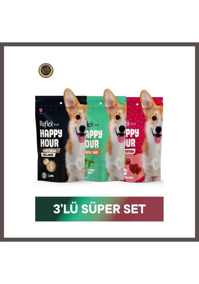Reflex Plus Happy Hour Anti Aging Collagen & Dental Care - Ağız Ve Diş Sağlığı & Love Edition Köpek Ödül Maması Seti 3x60 Gr Nxrlvng