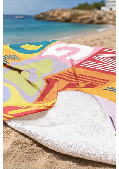 Renkli Tipografik Modern Plaj Havlusu-geometrik Pop Art Sarı Turuncu Hızlı Kuruyan Mikrofiber Havlu Eski Melon