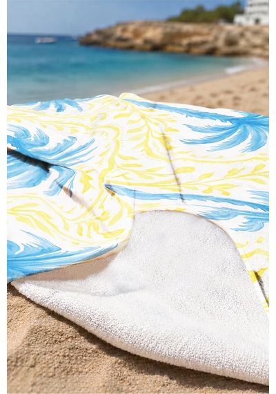 Palmiye Tropikal Mavi Sarı Plaj Havlusu - Akdeniz Bohem Beyaz Marine Hızlı Kuruyan Mikrofiber Havlu Ayaz Kumul