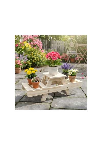 Dekoratif Ahşap Saksılık Mini Piknik Masa Tasarım Çoklu Saksı Standı Kahverengi - 831755660 Kahverengi