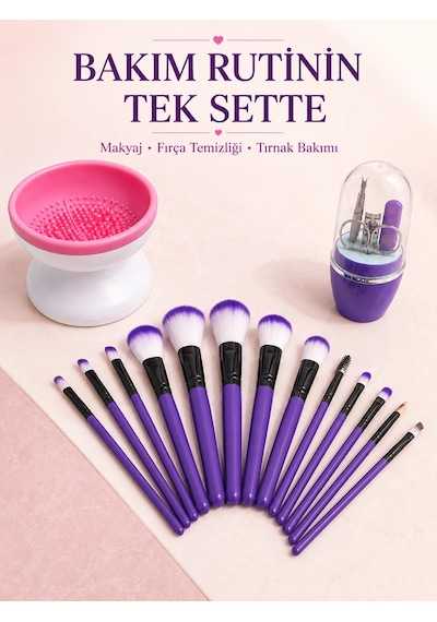 12 Li Makyaj Fırça Seti Fırça Temizleme Cihazı Ve Manikür Pedikür Seti 3 Lü Kadın Güzellik Bakım Pak
