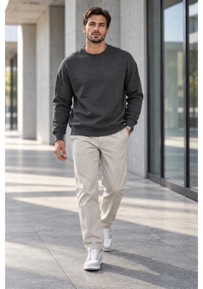 Polo State Erkek Bisiklet Yaka Oversize Dikiş Detaylı Basic Sweatshirt - Antrasit