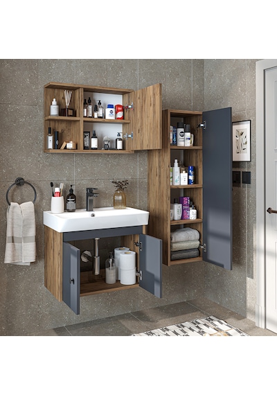 Ada Lavabolu Banyo Alt Dolabı + Banyo Üst Dolabı + Boy Dolabı Atlantik - Antrasit Ada Lavabolu Banyo Alt Dolabı + Banyo Üst Dolabı + Boy Dolabı Atlantik - Antrasit