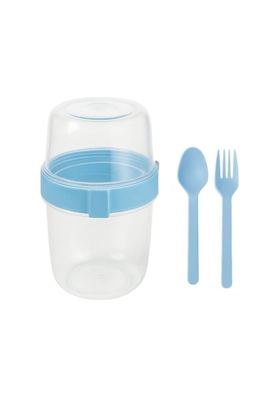 Açık Mavi Saklama Kabı 2 Katlı Taşınabilir Yemek Kabı, Kaşık Ve Çatal Dahil 18x10 Cm Çok Renkli