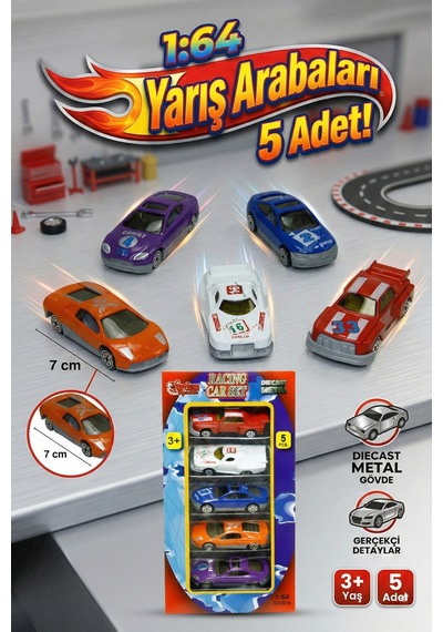 Vardem Oyuncak 5'li Diecast Metal Yarış Arabası Seti 1:64 Ölçek 7 Cm Çok Renkli