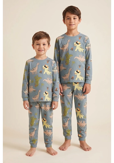 Zuzunga Dinozor Desenli Erkek Çocuk Pijama Takımı Gri