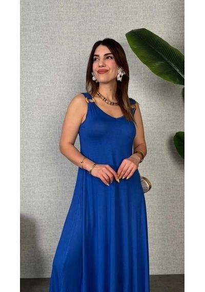 Kadın Çan Dokuma Kumaş V Yaka Asimetrik Kesim Elbise Saks