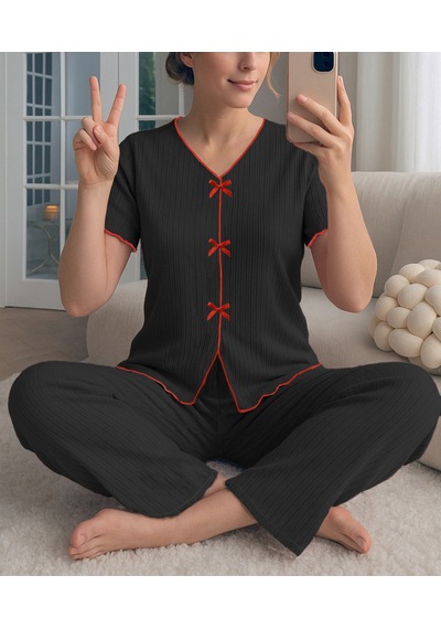 Bella Notte V Yaka Pamuklu Siyah Fiyonk Detaylı Pijama Takımı