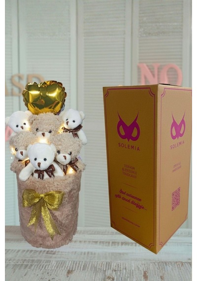 Deluxe Krem Peluş Silindir Kutuda, Led Işıklı Kalpli Balonlu 6 Lı Boz Ayıcık Buketi - Sevdiğine Hediye
