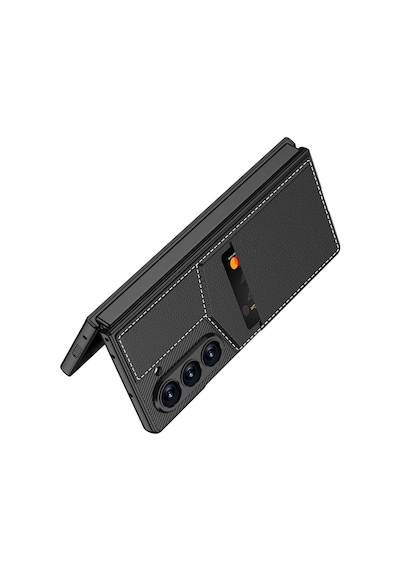 Zore Galaxy Z Fold 6 Kılıf Karbon Fiber Deri Kartlıklı Ogaa Kıpta Dik Açılan Kartlıklı Kapak-siyah