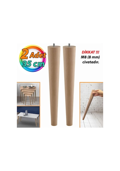 2 Adet Ahşap Ayak 35 Cm Masa Zigon Sehpa Tv Ünitesi Puf Tabure Ayağı Ayakları Konik M8 Civatalı Ahşap