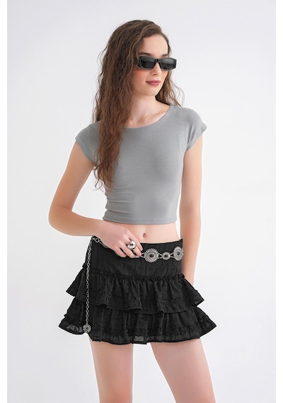 Mixray 2009 Kadın Vücuda Oturan Basic Crop T-shirt Gri