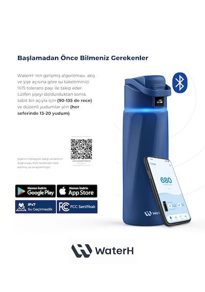 Waterh Boost Akıllı Termos Hidrasyon Takibi Yapan, Yalıtımlı 0,71l / 24oz Akıllı Şişe Koyu Mavi