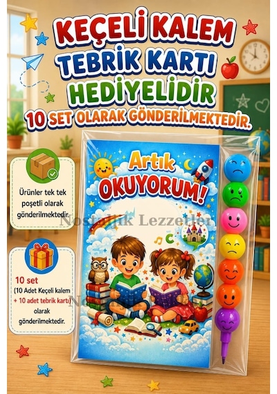 Yeni Okumayı Öğrenen Öğrencilere Hediye 10 Set Artık Okuyorum Yazılı 1. Sınıf Hatırası Keçeli Kalem Tebrik Kartı Hediyeli