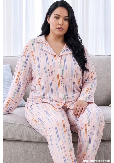 Siyah İnci Pembe Desenli Termal Kumaşlı Ultra Soft Yumuşak Büyük Beden Battal Boy Düğmeli Örme Pijama Takımı 26226536