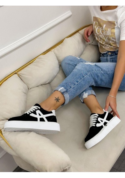 Erva'nın Butiği Siyah Beyaz Tig Kadın Bağcıklı Sneakers-4890 Siyah Beyaz Süet