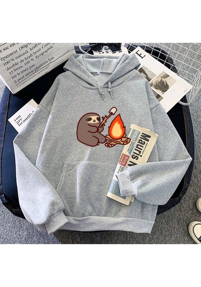 Startmore Gri Tembellik Kawaii Sokak Bisiklet Yaka Ayı Baskılı Kapş Gri