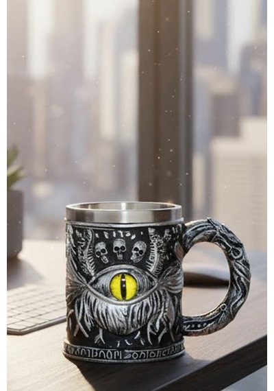 Sarı Ejderha Gözü Figürlü Çelik Kupa - 3d Kabartmalı Paslanmaz Çelik Mistik Tasarım Mug Gri