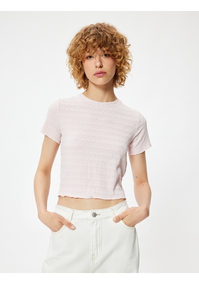 Koton Bürümcük Tişört Crop Kısa Kollu Bisiklet Yaka Slim Fit Pembe 4sal11110ık Gül