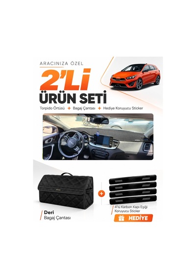 Kia Ceed 2020-2025 Uyumlu Torpido Örtüsü + Deri Bagaj Çantası + Sticker Seti - Siyah