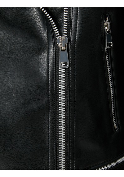 Koton Oversize Biker Ceket Suni Deri Fermuarlı Siyah 3sak20013ew