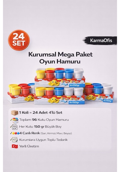 Kidz 24 Lü 4x150 Gr Büyük Boy Oyun Hamuru Koli Toplam 96 Kutu 4 Renk Kurumsal Mega Paket Beyaz