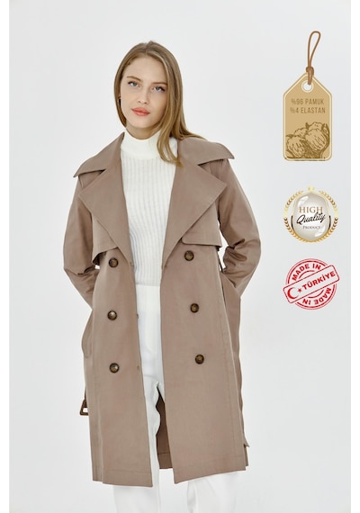 Pastelastore Esnek Pamuk Gabardin Midi 95cm Astarsız Kadın Trençkot 1118 Vizon