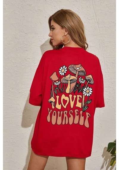 Flood Of Style Kadın Kırmızı Love Yourself Baskılı Oversize T-shirt