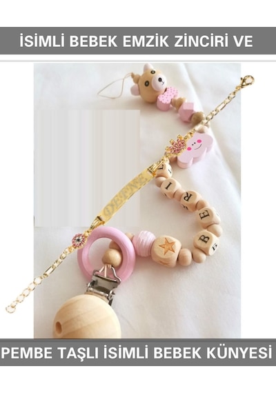 Sahi Aksesuar İsimli Bebek Emzik Zinciri ve Pembe Taşlı Bebek Künyesi Pembe