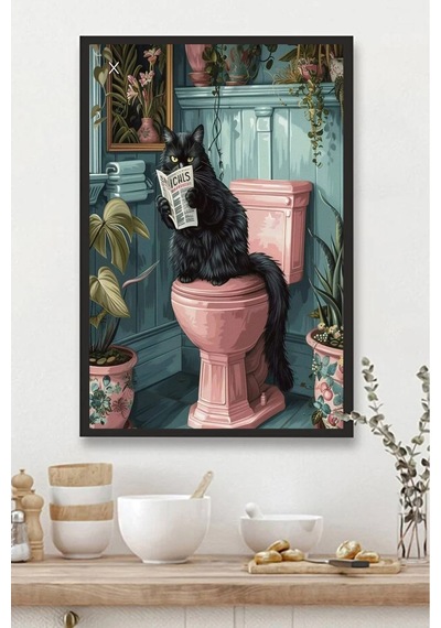 Banyo Tablosu Mdf Tablo Banyo İçin Tuvaletini Yapan Kedi Bnymdf Mdf Mavi Çerçevesiz