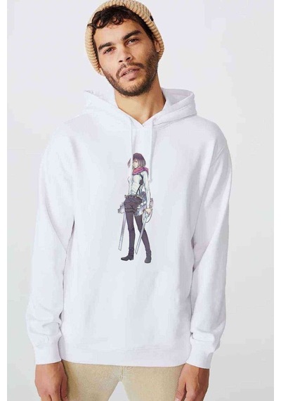Anime Attack On Titan Baskılı Beyaz Erkek Örme Kapşonlu Sweat (531035837)
