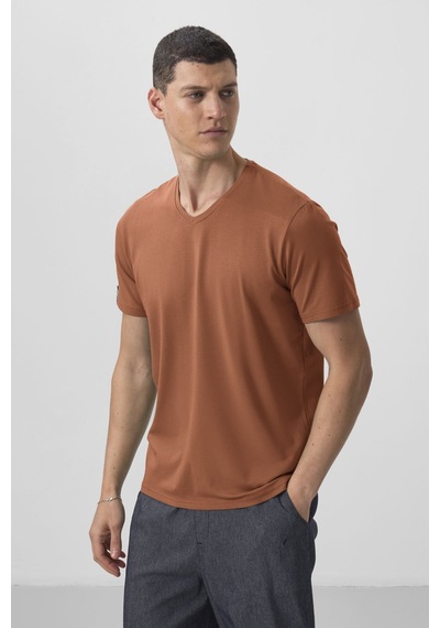 Tommylife Tarçın Basic Kısa Kol Standart Kalıp V Yaka Erkek T-shirt - 87912 Tarçın