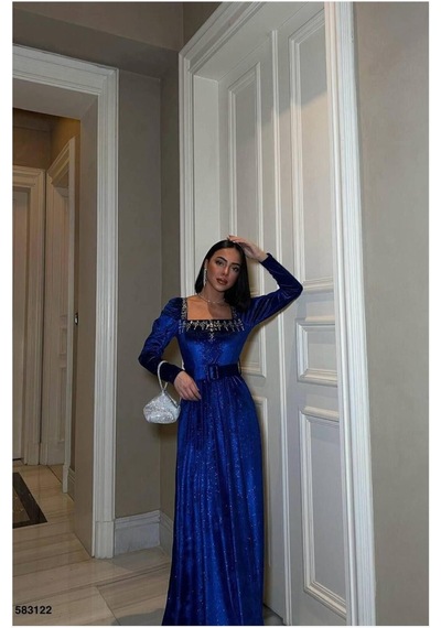 DefyModa Kadın Kare Yaka Kemerli Uzun Kollu Abiye Elbise Saks
