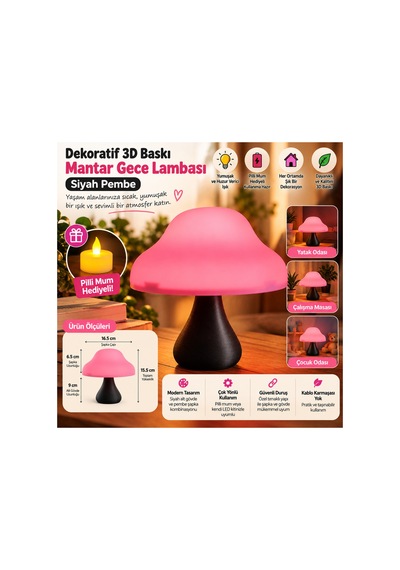Dekoratif 3d Baskı Mantar Gece Lambası Pembe Siyah - Pilli Mum Hediyeli
