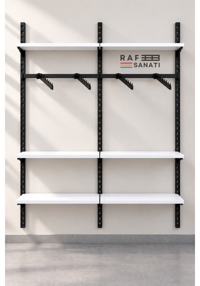 120 Cm Duvar Raf Askılık Sistemi 6 Raflı 2 Modül 200 Cm Konik Dikme Hazır Set Beyaz